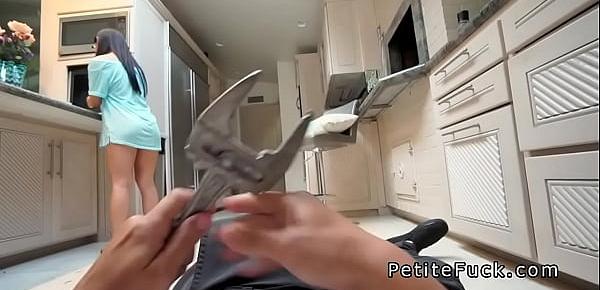  Petite Asian rodes plumbers big dick in kitchen